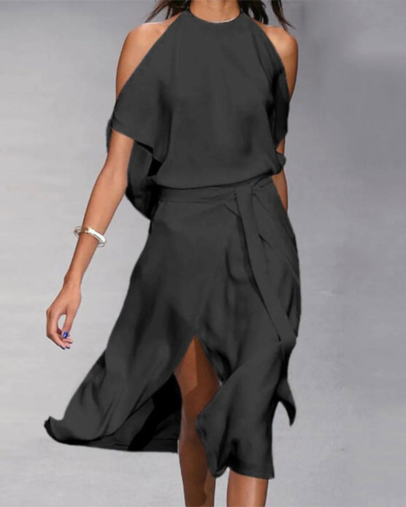 Flap Pocket Split Thigh Belted Shirt Dress