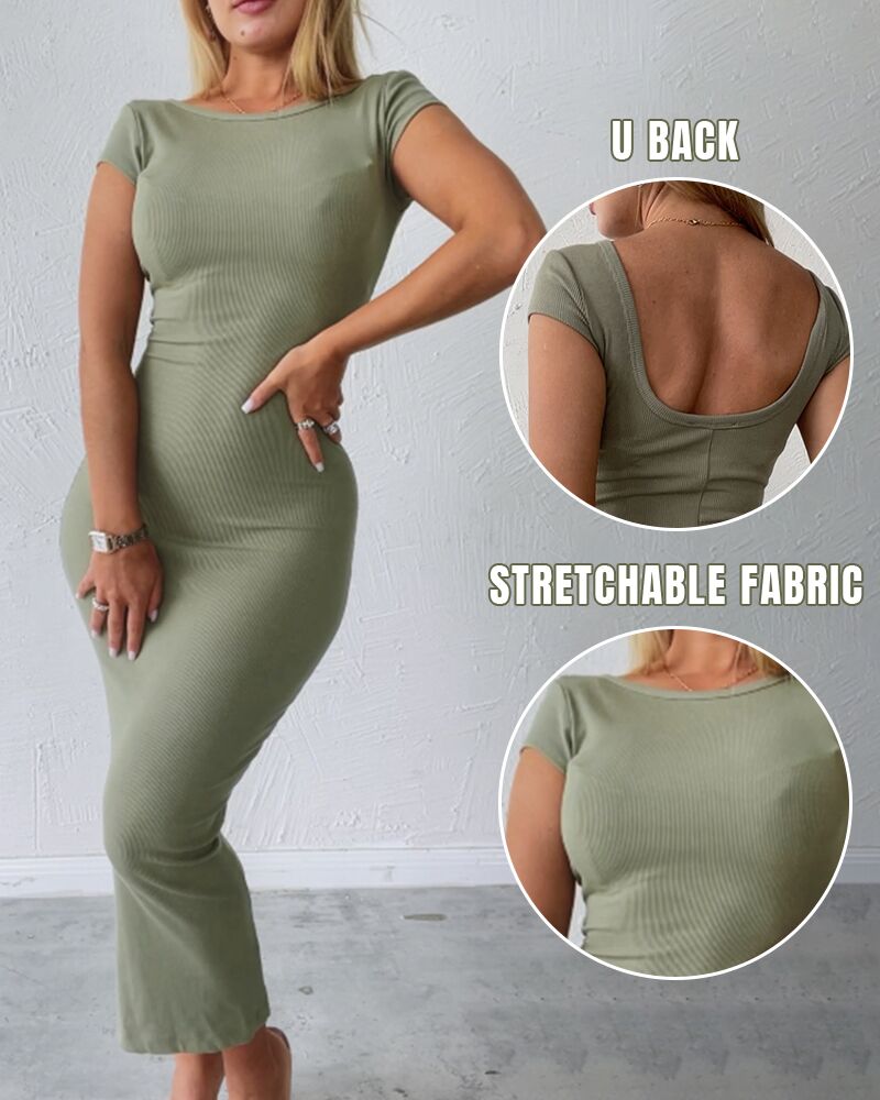 

Cap Sleeve Backless Ribbed Bodycon Dress, Army green