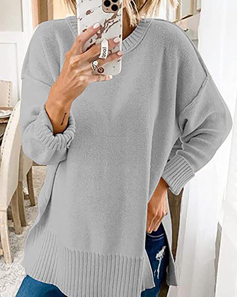 

Long Sleeve Slit Casual Sweater, Gray