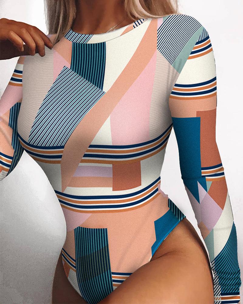 

Geometric Print Long Sleeve Skinny Bodysuit, Multicolor