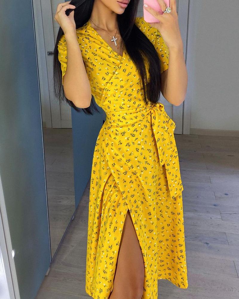 

Floral Print High Slit Wrap Dress, Yellow