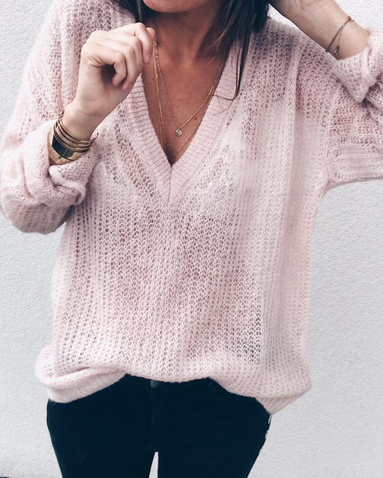

V-Neck Long Sleeve Basic Sweater, Pink