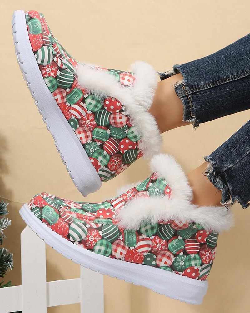 

Christmas Graphic Print Fuzzy Trim Snow Boots, Multicolor