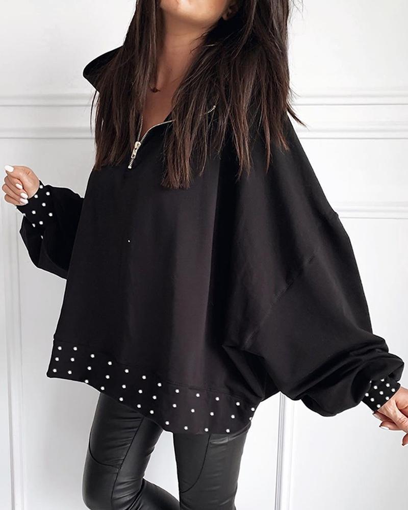 

Beaded Detail Zipper Casual Women Blouse, Black