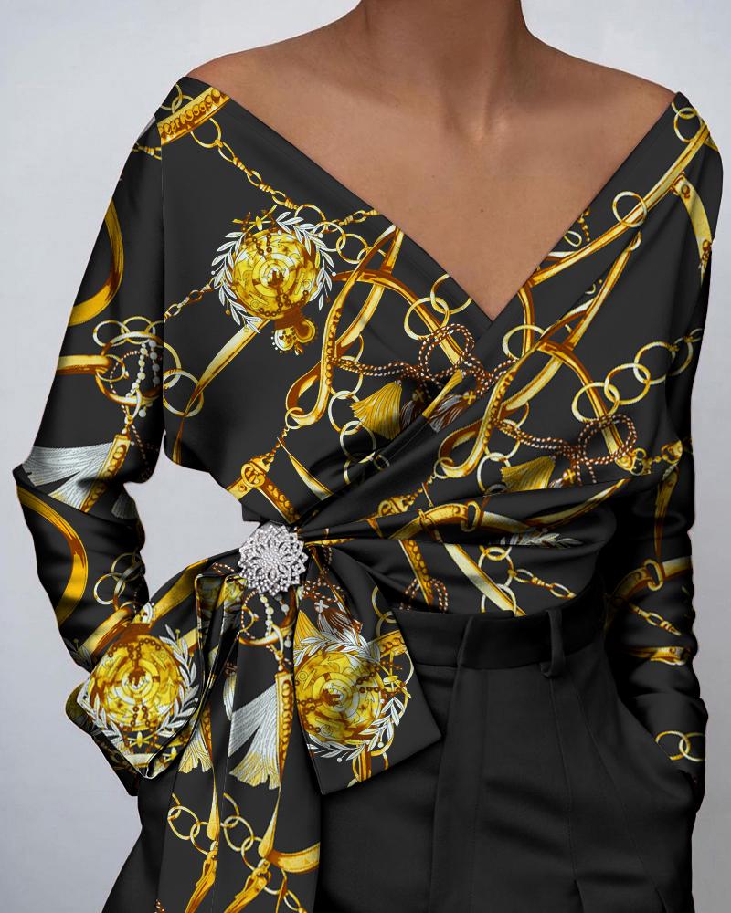 

Satin Scarf Print Tied Detail Ruched Top, Black