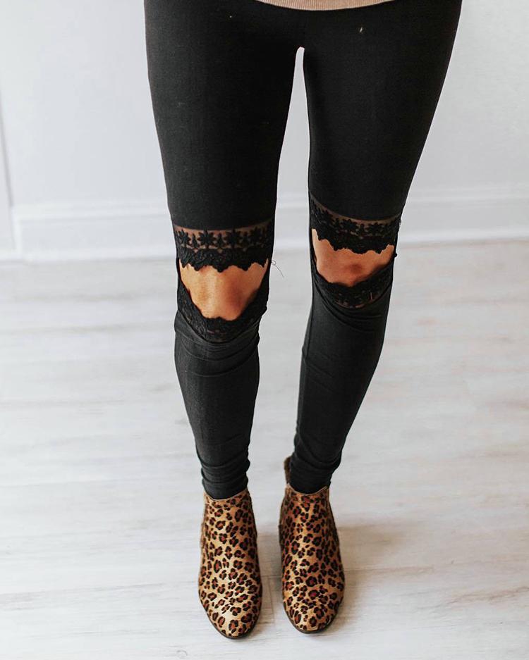 

Lace Insert Cutout Knee Casual Pants, Black