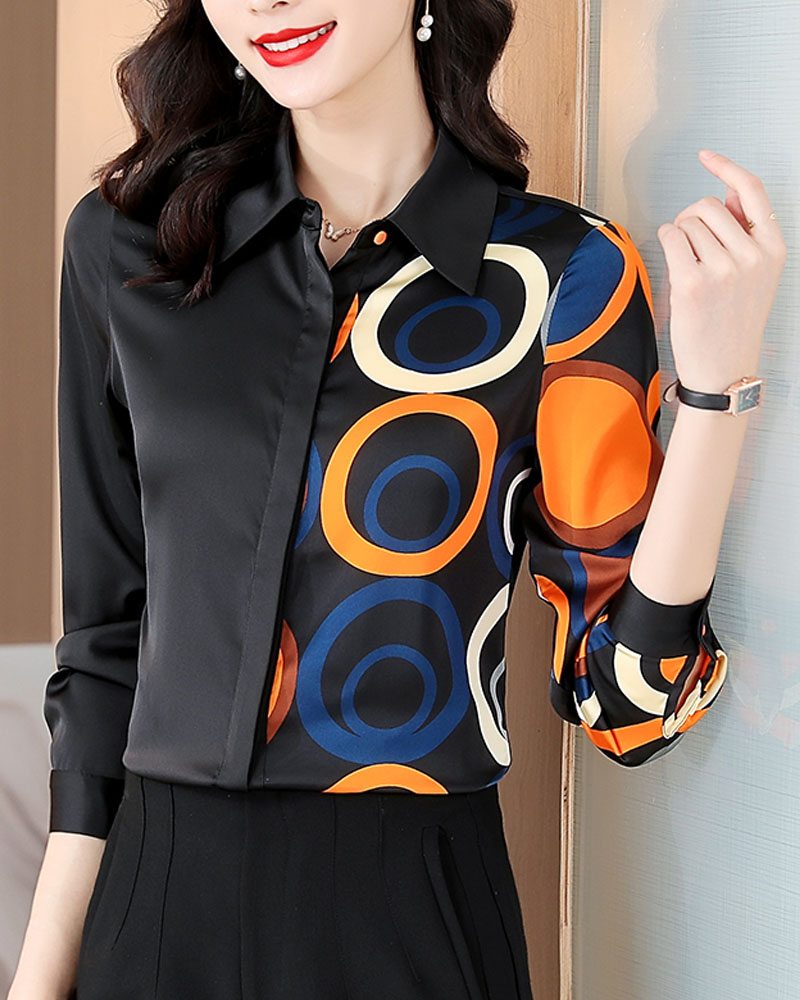 

Geo Print Long Sleeve Button Down Shirt, Black