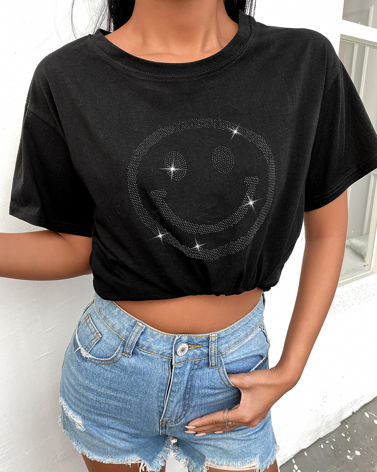 

Smile Face Print Studded Design T-Shirt, Black