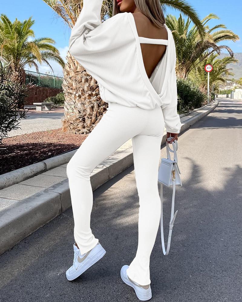 

Lantern Sleeve Backless Casual Top & Pants Set, White