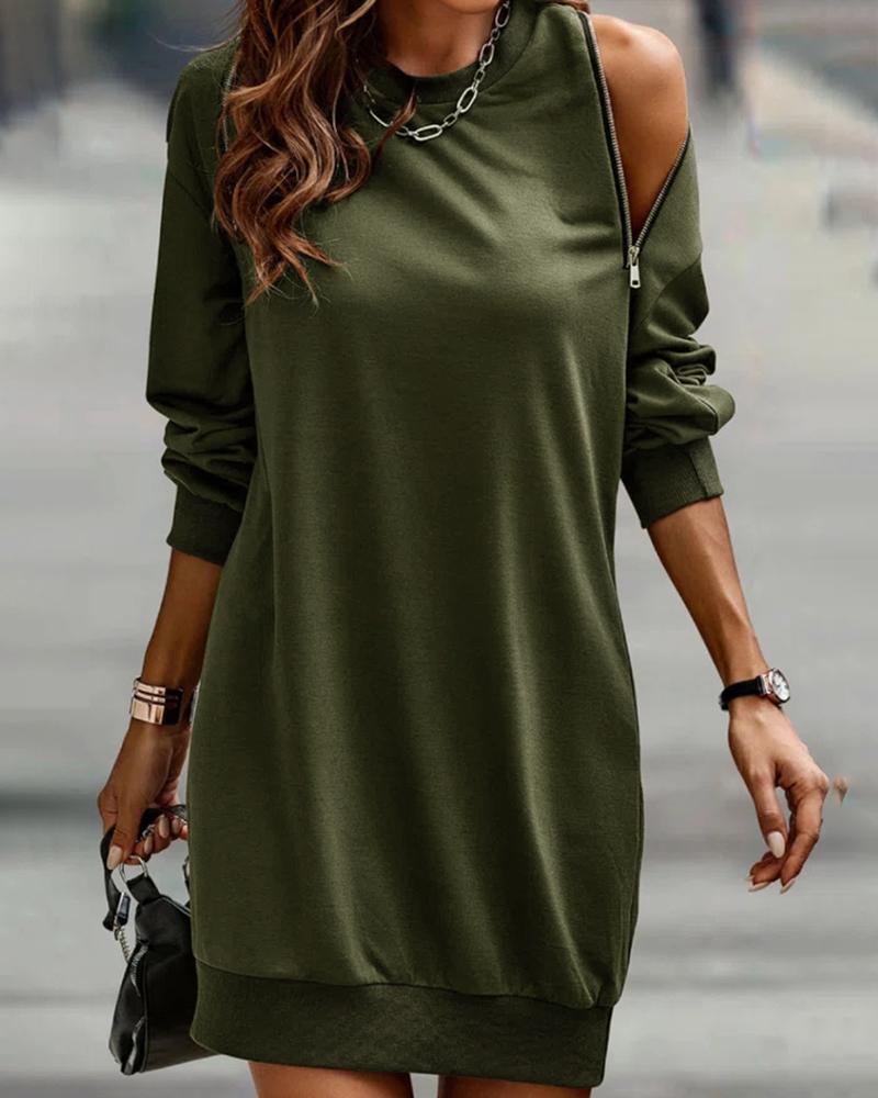 

Zipper Design Long Sleeve Casual Dress, Green