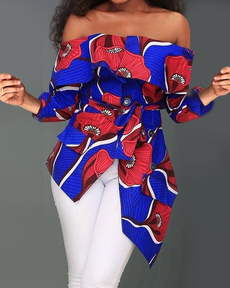 

Off Shoulder Floral Print Irregular Blouse, Blue