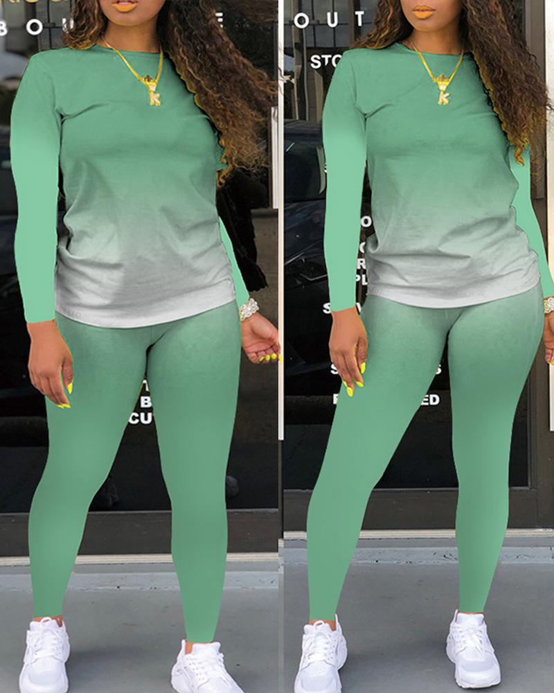 

Gradient Color Long Sleeve Pajamas Set, Green