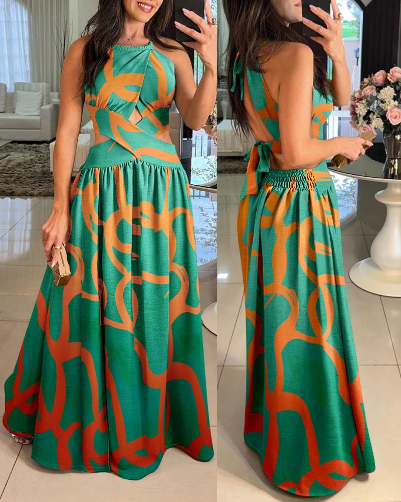 

Robe longue décontractée à imprimé abstrait et dos nu croisé, froncée et ajourée, Green