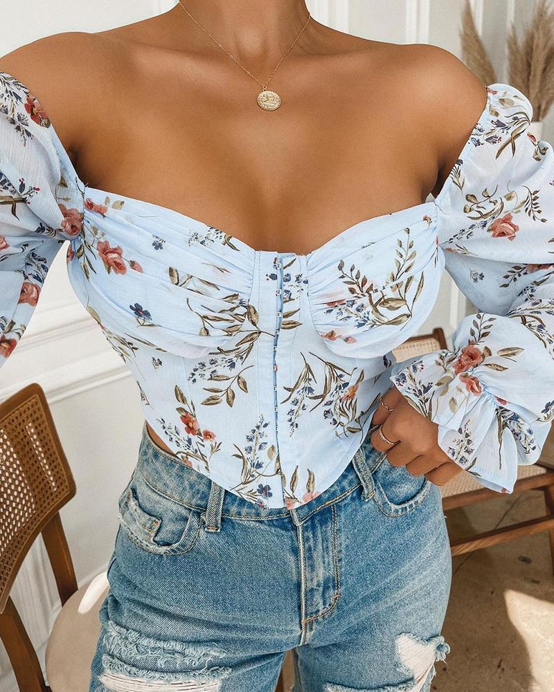 

Floral Print Off Shoulder Ruffles Hem Blouse, Light blue