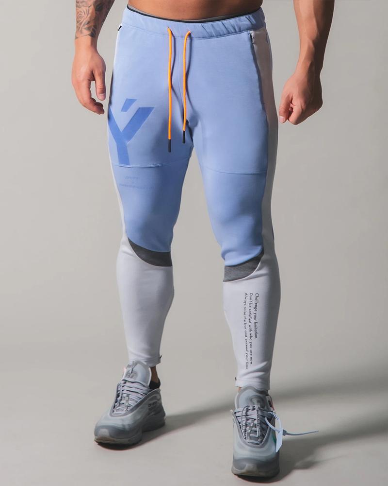 

Color Block Splicing Letter Print Drawstring Active Pants, Blue