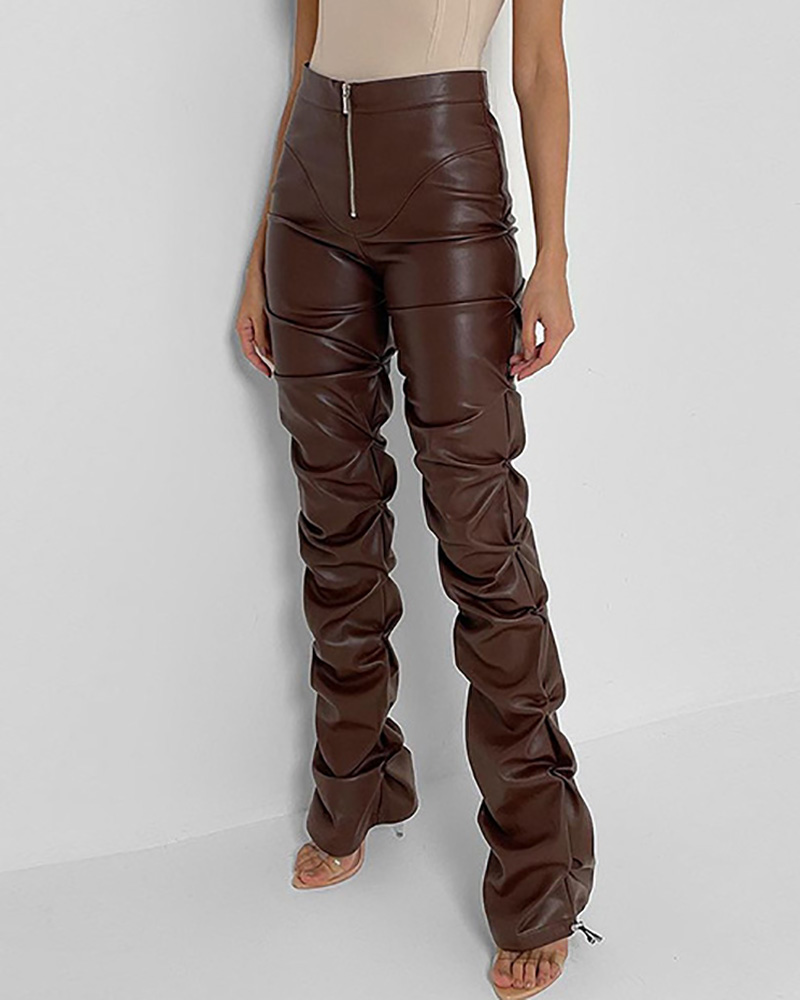 

PU Leather High Waist Zipper Decor Ruched Pants, Brown