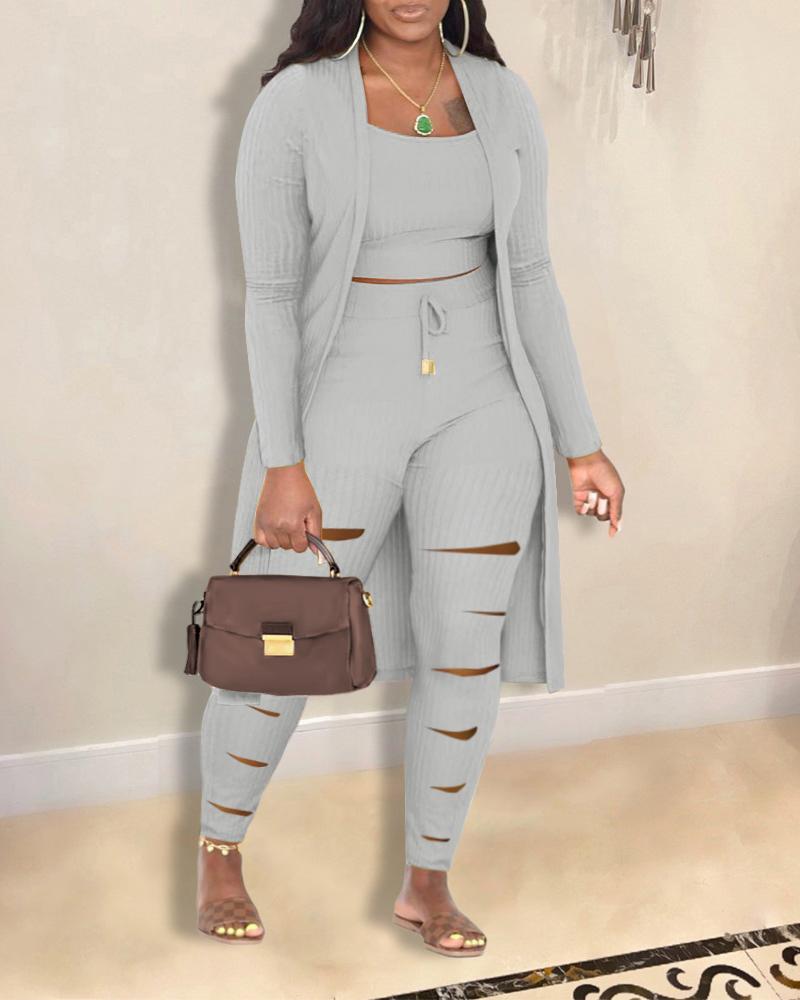 

Plus Size 3PCS Ribbed Cami Top & Ladder Cutout Pants Set With Coat, Gray