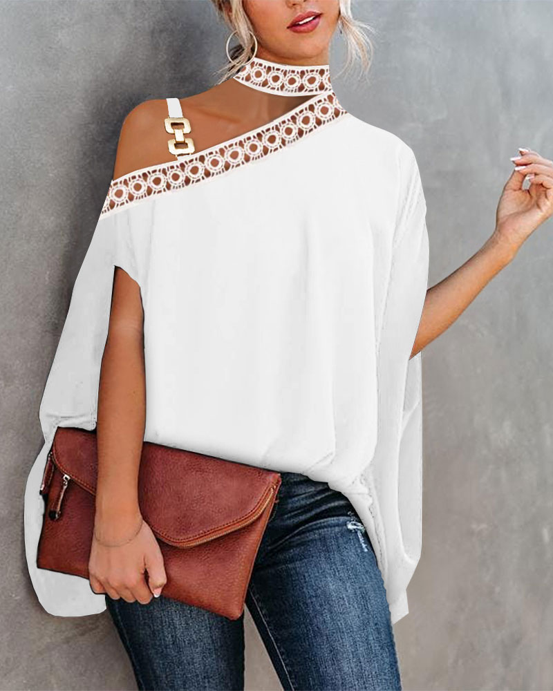 

Contrast Lace Batwing Sleeve Cold Shoulder Top, White