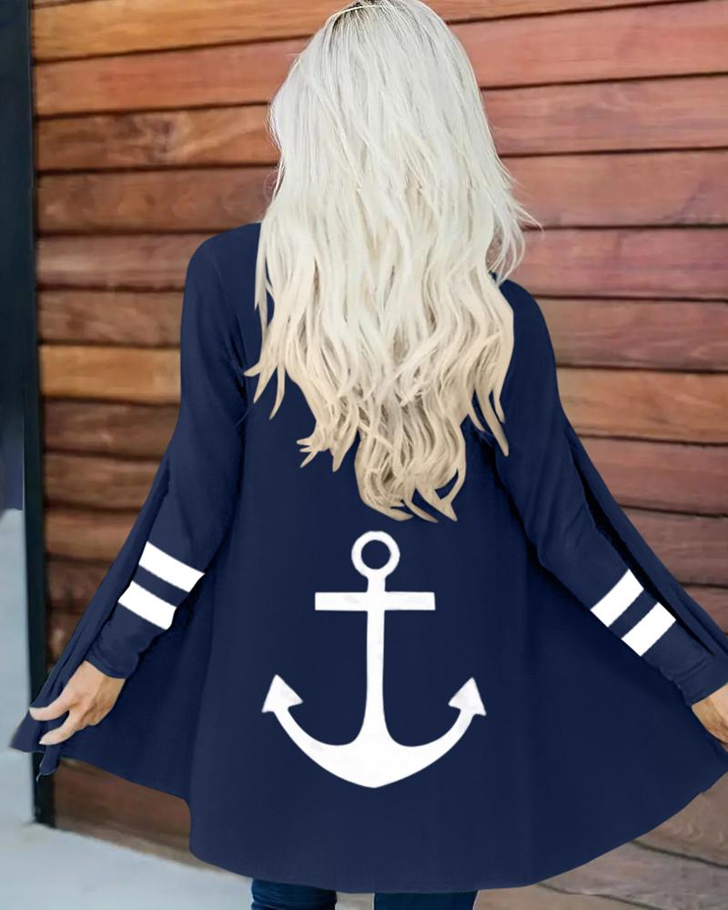 

Striped Anchor Print Long Sleeve Coat, Purplish blue