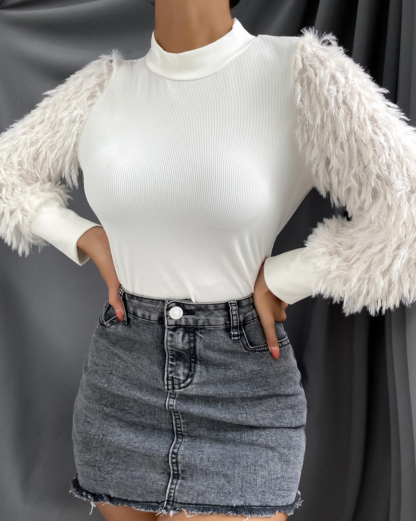 

Mock Neck Fluffy Long Sleeve Sweater, White