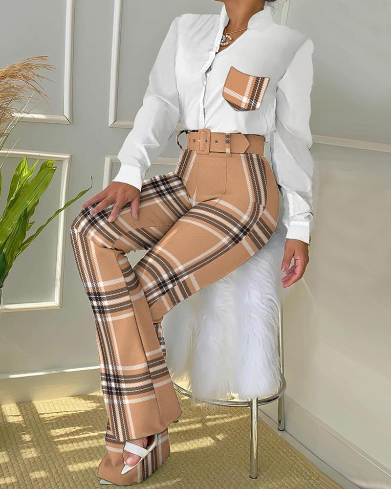 

Plaid Print Button Down Shirt & Bootcut Pants Set, Khaki