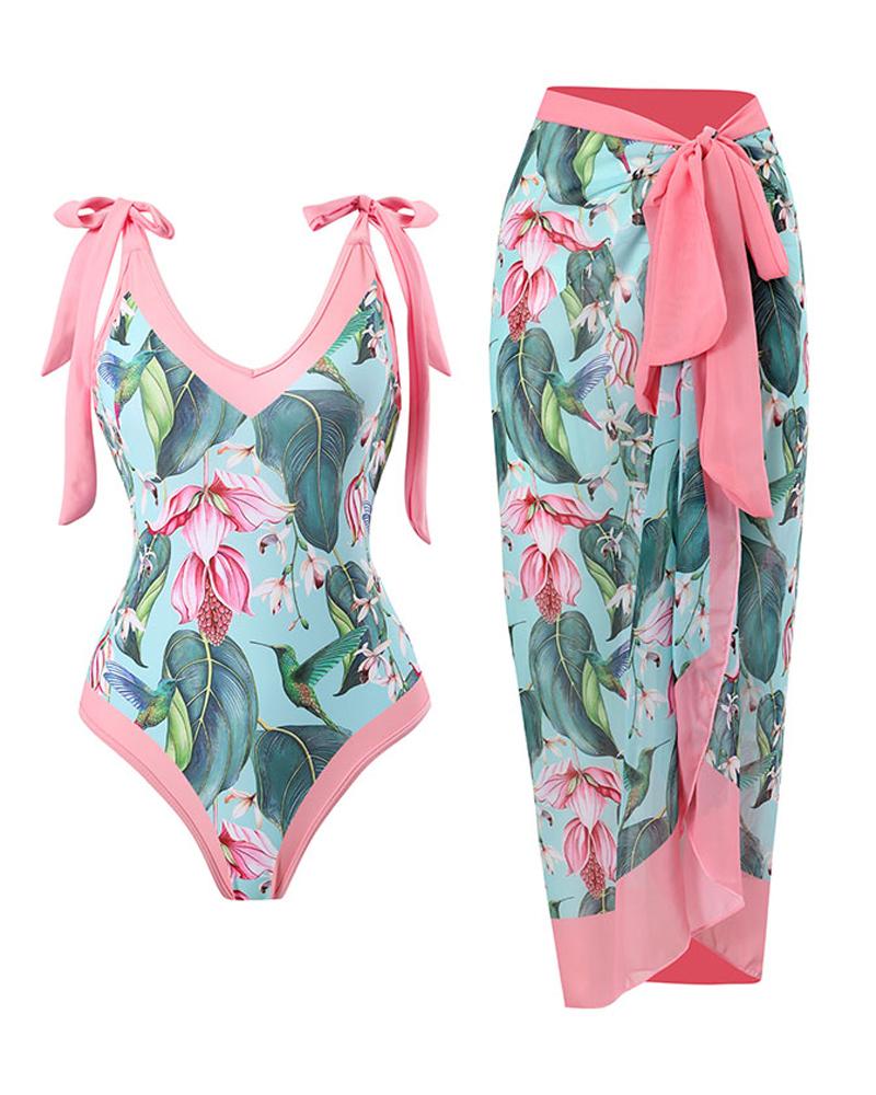 

Tropical Print One-Piece Swimsuit With Cover Up, Pink