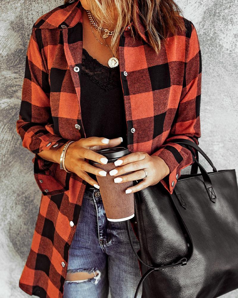

Plaid Print Buttoned Long Sleeve Shacket, Orange