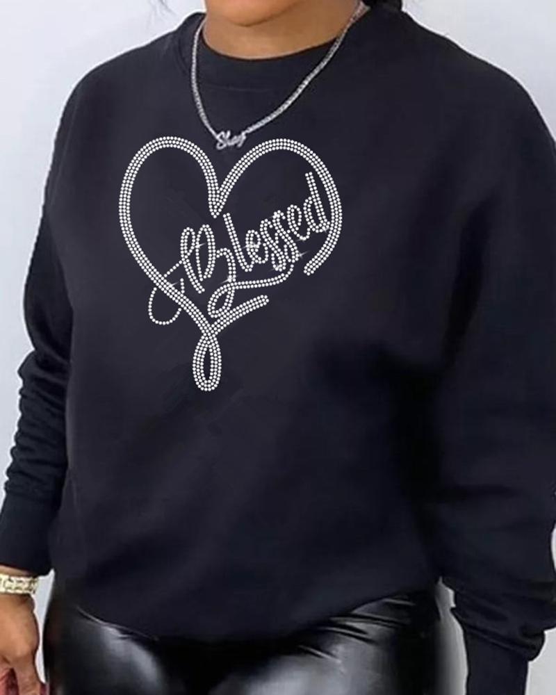 

Rhinestone Heart Letter Pattern O-Neck Sweatshirt, Black