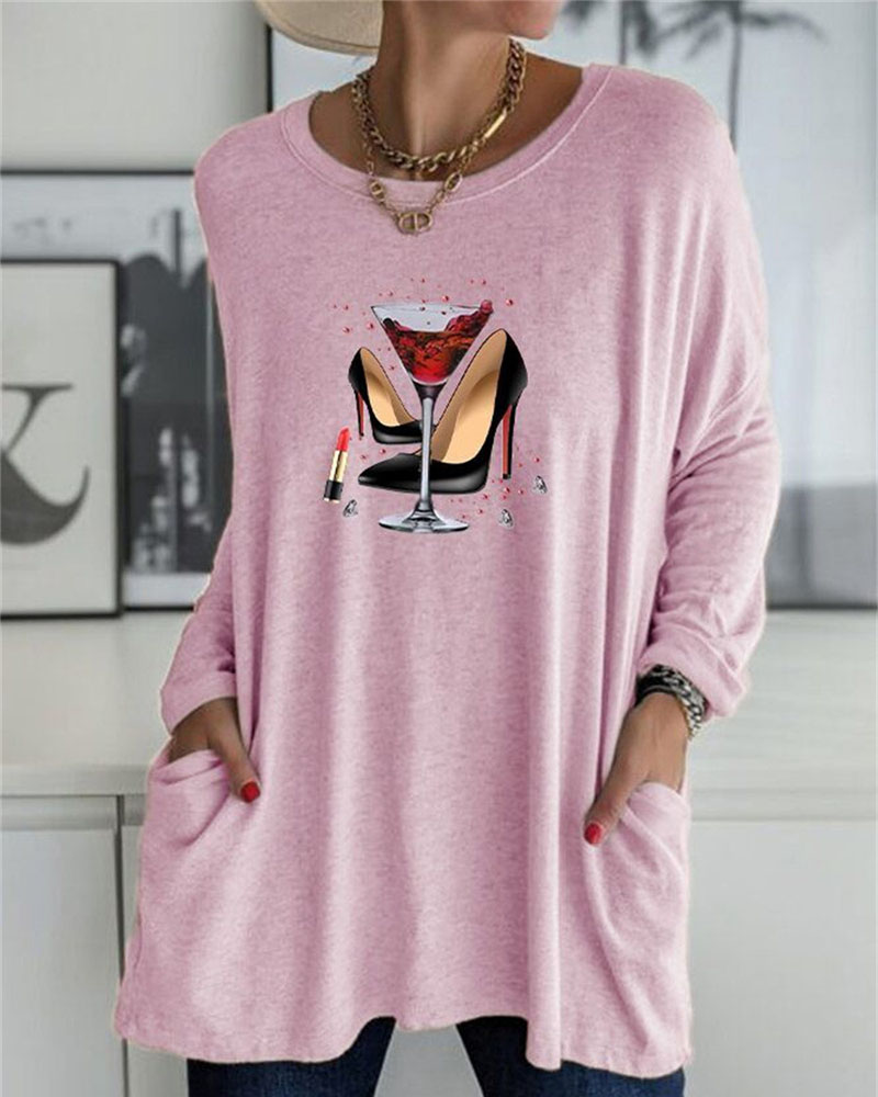 

Graphic Print Pocket Detail Long Sleeve Casual Top, Pink