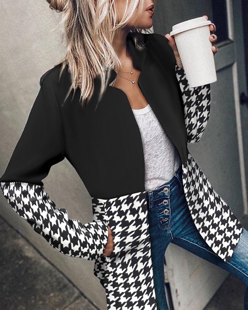 

Houndstooth Print Long Sleeve Coat, Black