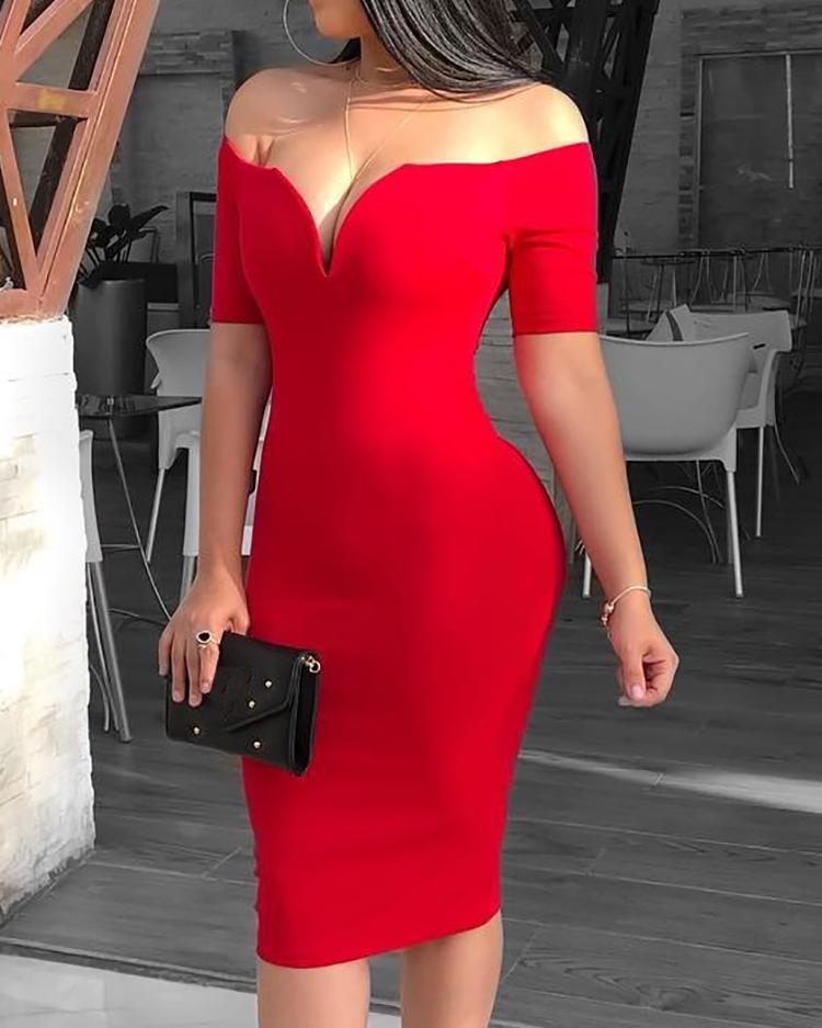 

Solid Off Shoulder Short Sleeve Midi Dress, Red