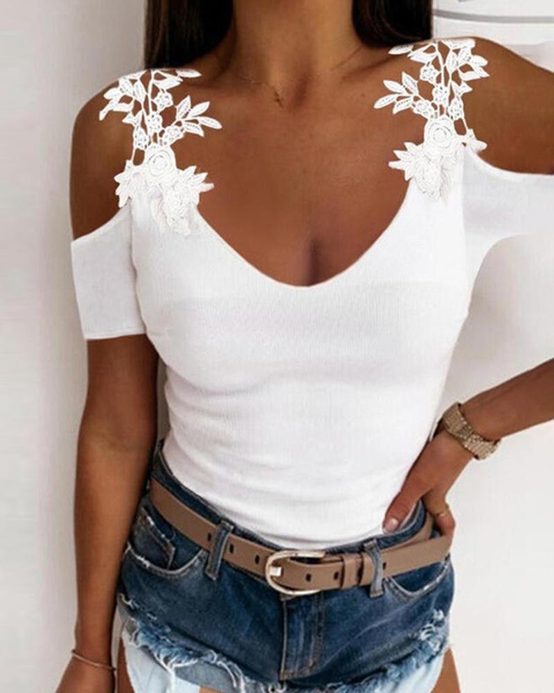 

Contrast Lace Cold Shoulder Top, White