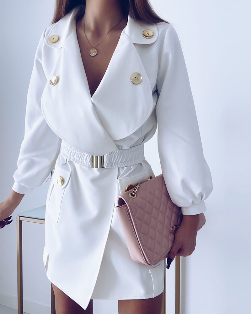 

Long Sleeve Button Decor Belted Work Dress, White