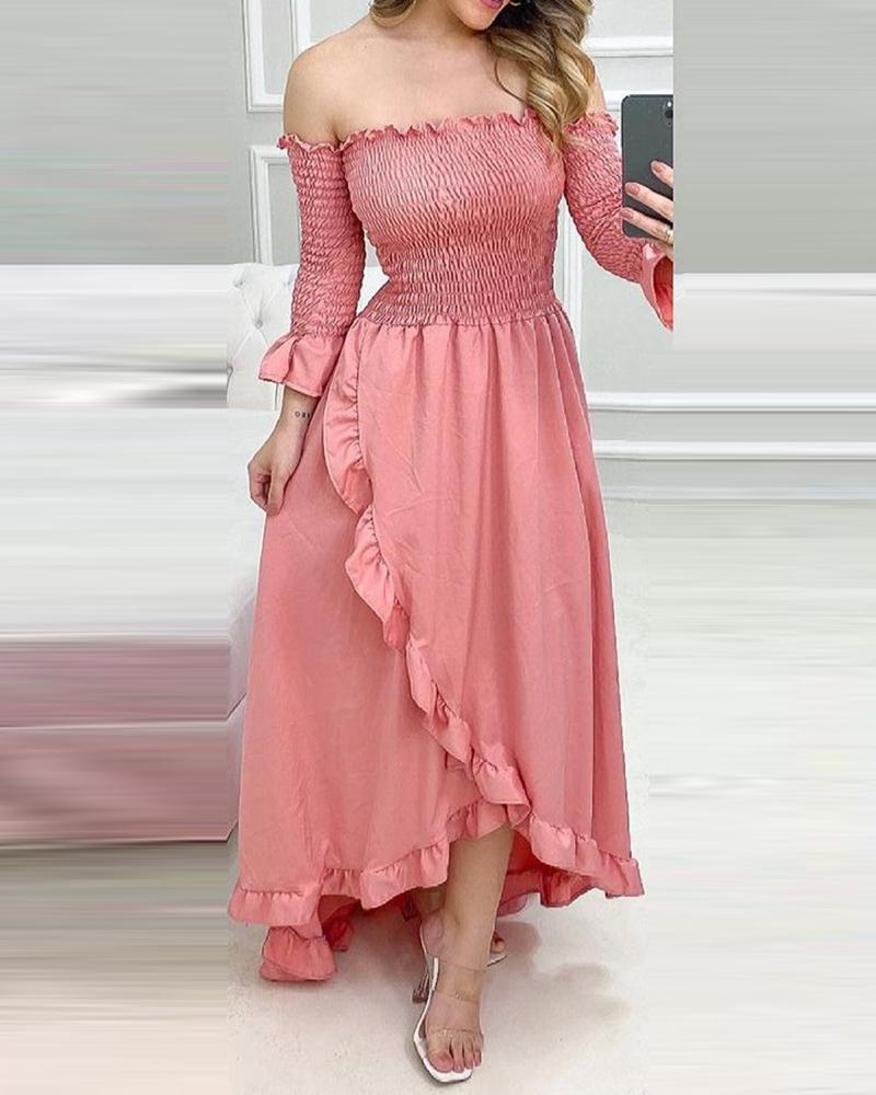 

Off Shoulder Shirred Ruffles Frill Hem Maxi Dress, Pink