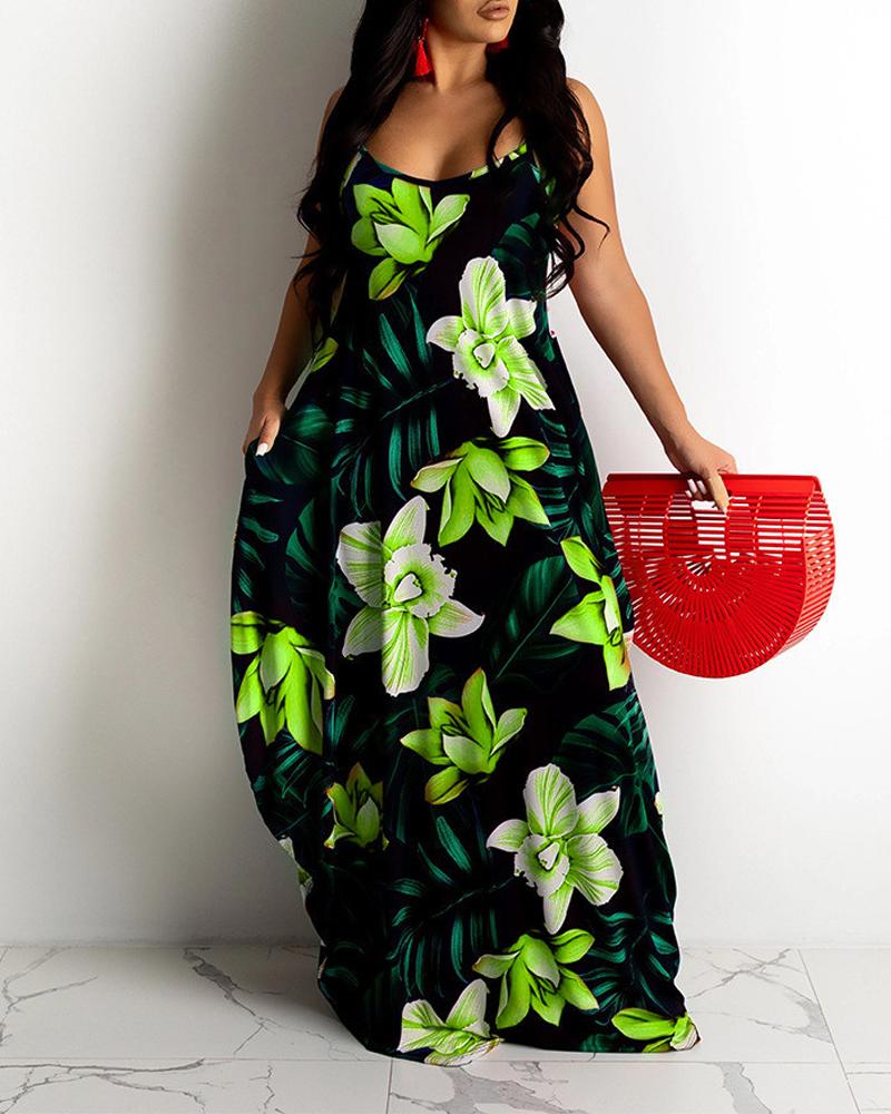 

Plus Size Tropical Print Spaghetti Strap Maxi Dress, Green