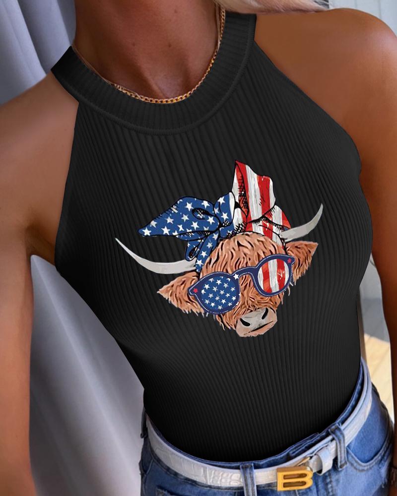 

Independence Day OX Flag Print O-Neck Tank Top, Black