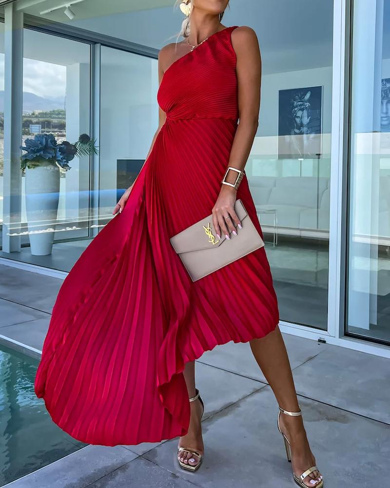 

One Shoulder Pleated Party Dress, Red
