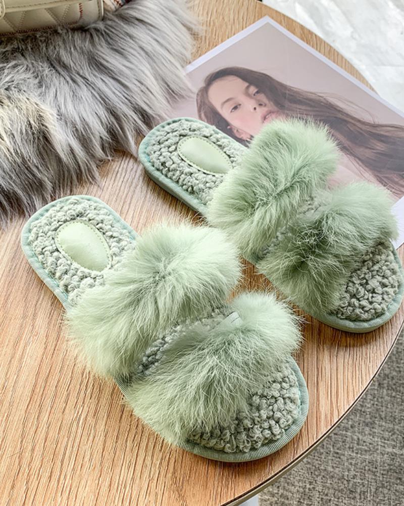

Open Toe Plain Fluffy Slippers, Green