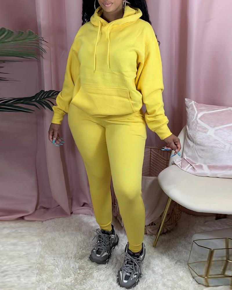 

Long Sleeve Pocket Design Brushed Hooded Top & Pants Set, Yellow
