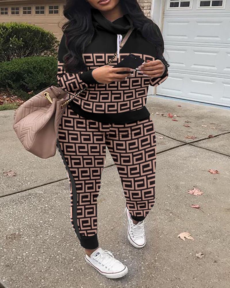 

Plus Size Geometric Print Long Sleeve Hoodie & Pants Set, Khaki