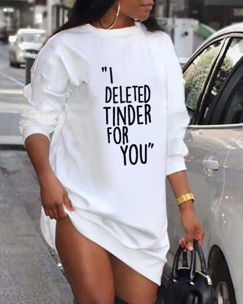 

Letter Print Long Sleeve Casual Dress, White