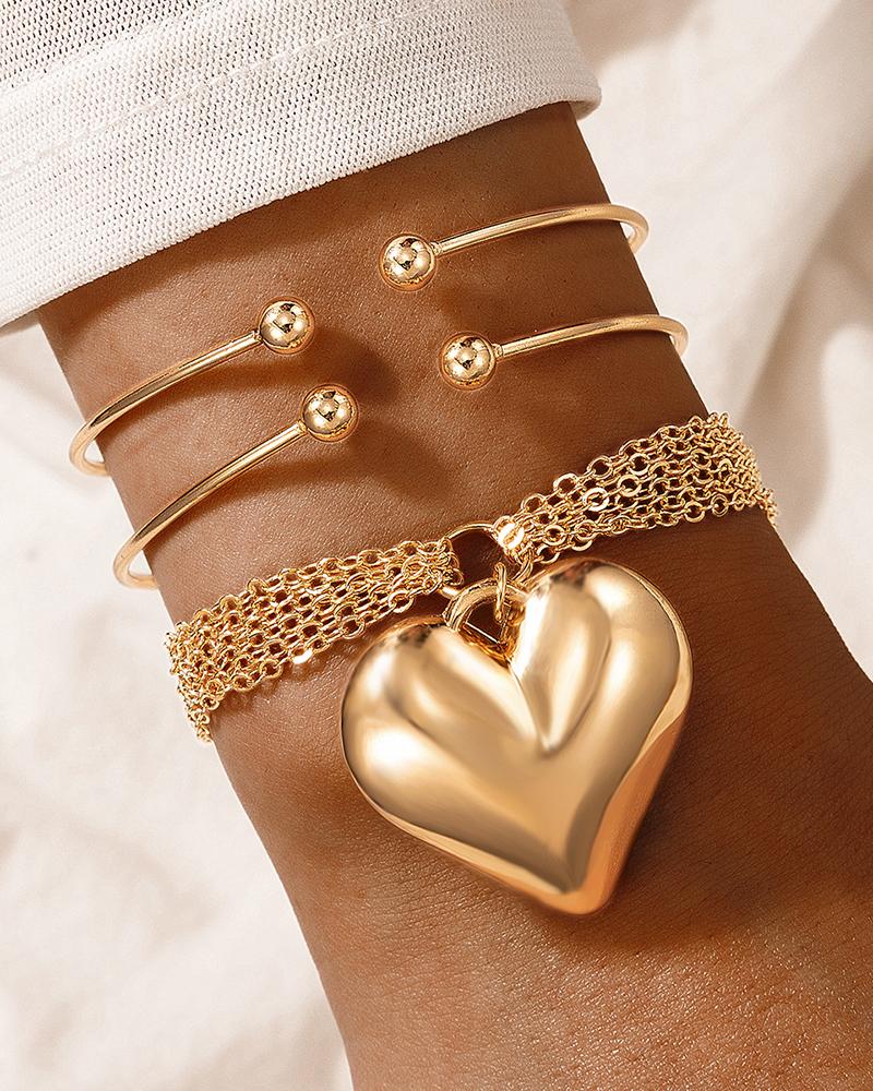 

3PCS Punk Heart Shaped Chain Bracelets, Gold