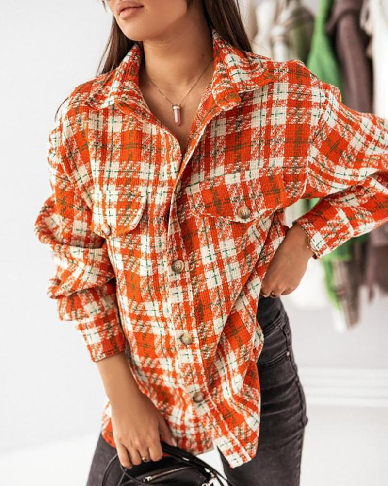 

Plaid Print Button Pocket Design Shacket, Orange