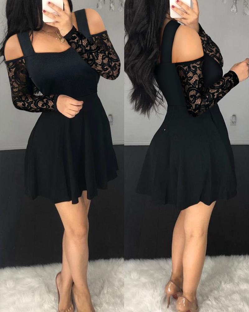 

Contrast Lace Long Sleeve Cold Shoulder Mini Dress, Black