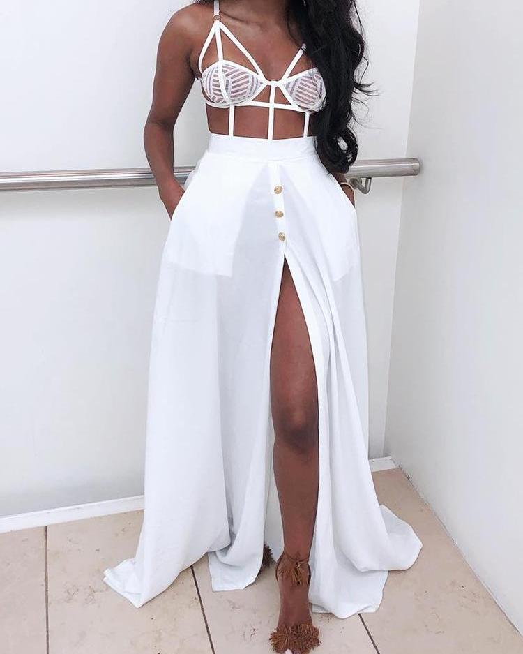 

White Chiffon Button Design High Slit Skirt