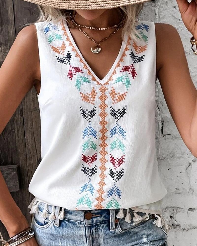 

Tribal Embroidery V-Neck Casual Tank Top, White