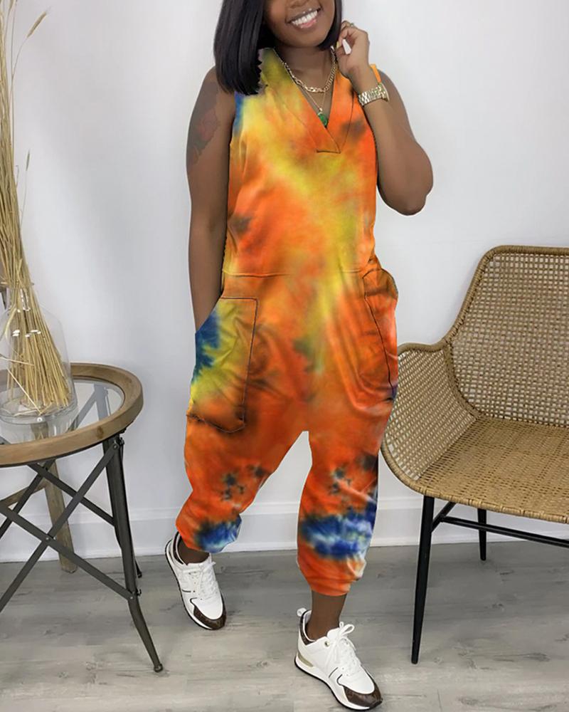

Tie Dyed Straight Long Large Jumpsuit, Yellow
