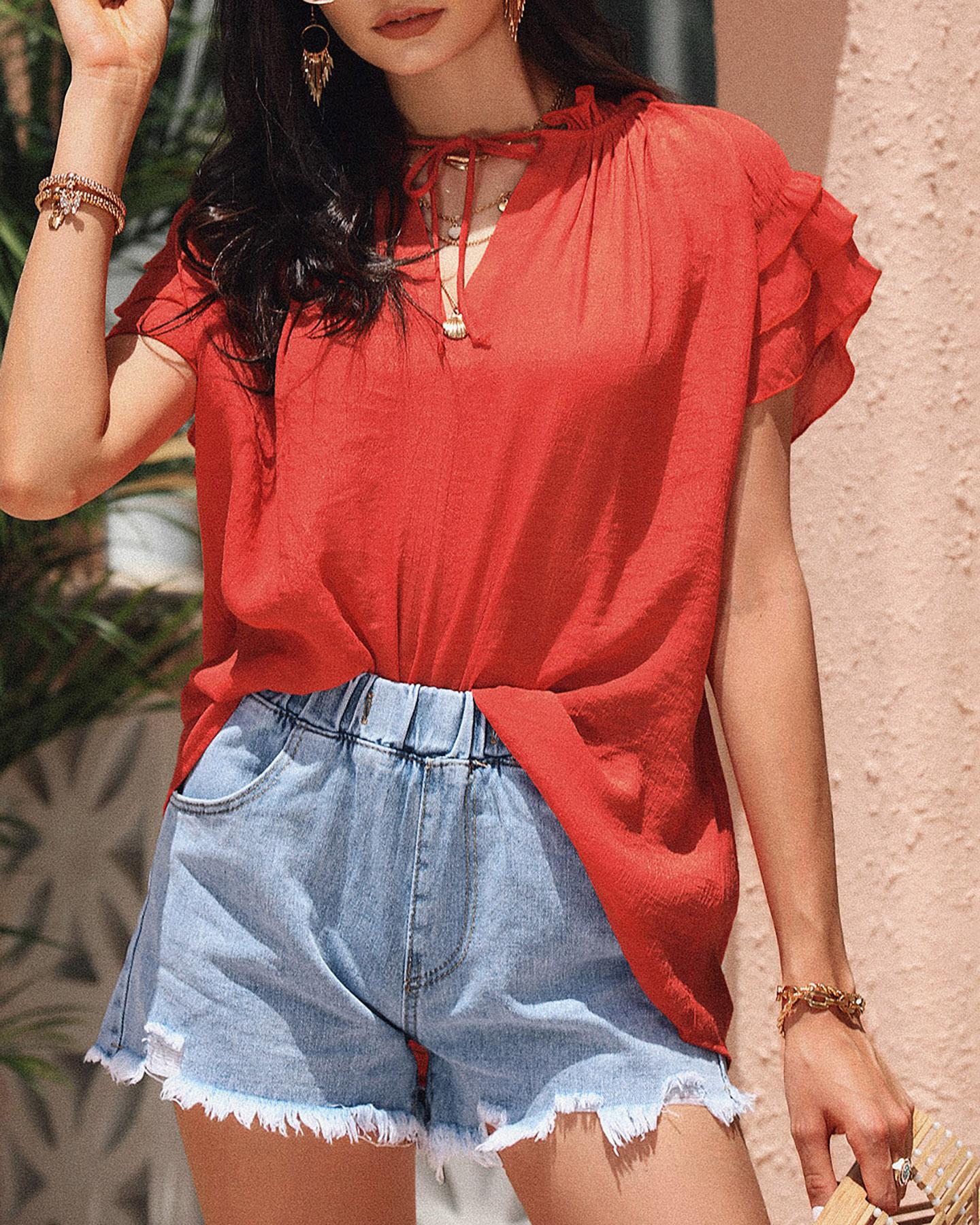 

Ruffles Hem Short Sleeve Blouse, Dark red