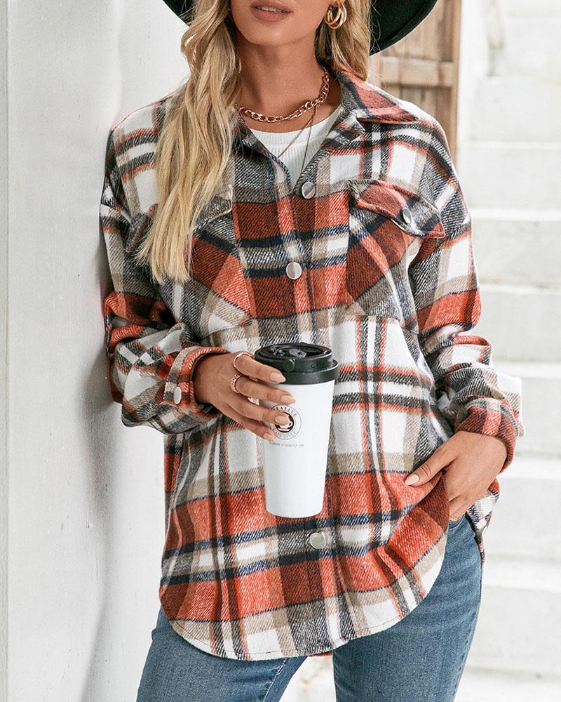 

Plaid Print Pocket Design Button Front Shacket, Orange