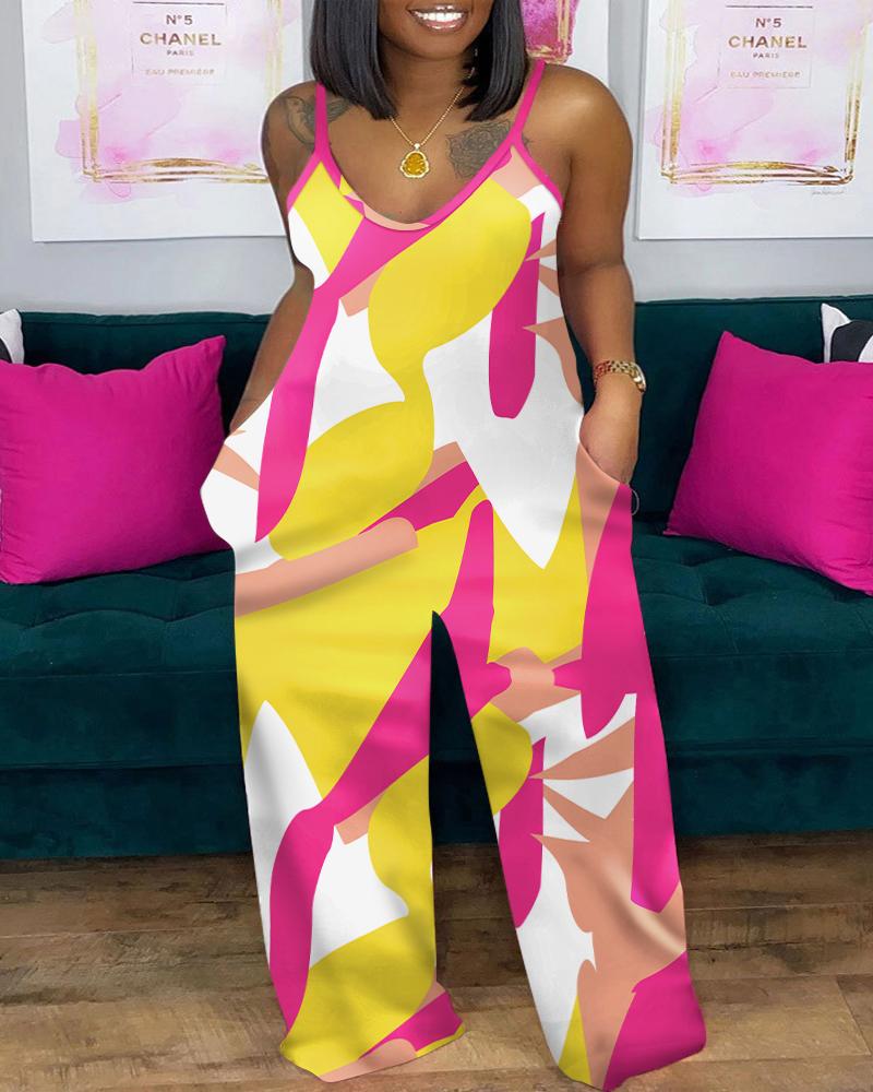 

Plus Size Geometric Print Spaghetti Strap Jumpsuit, Yellow